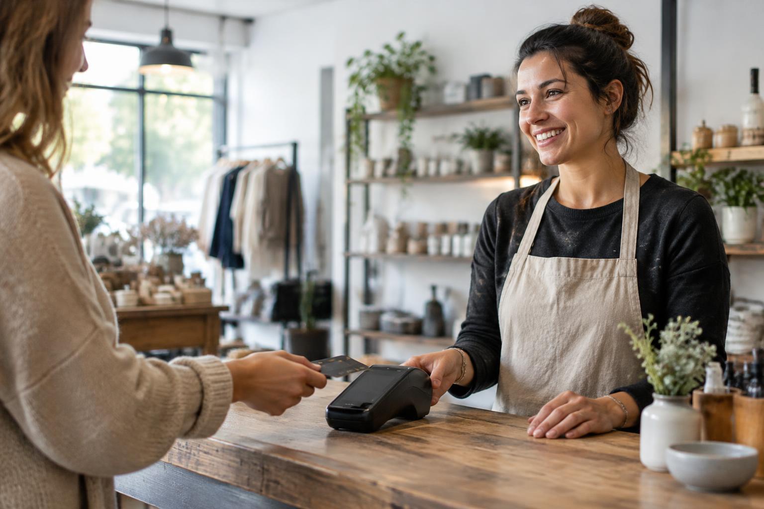 A small business owner and customer completing a card payment at a counter